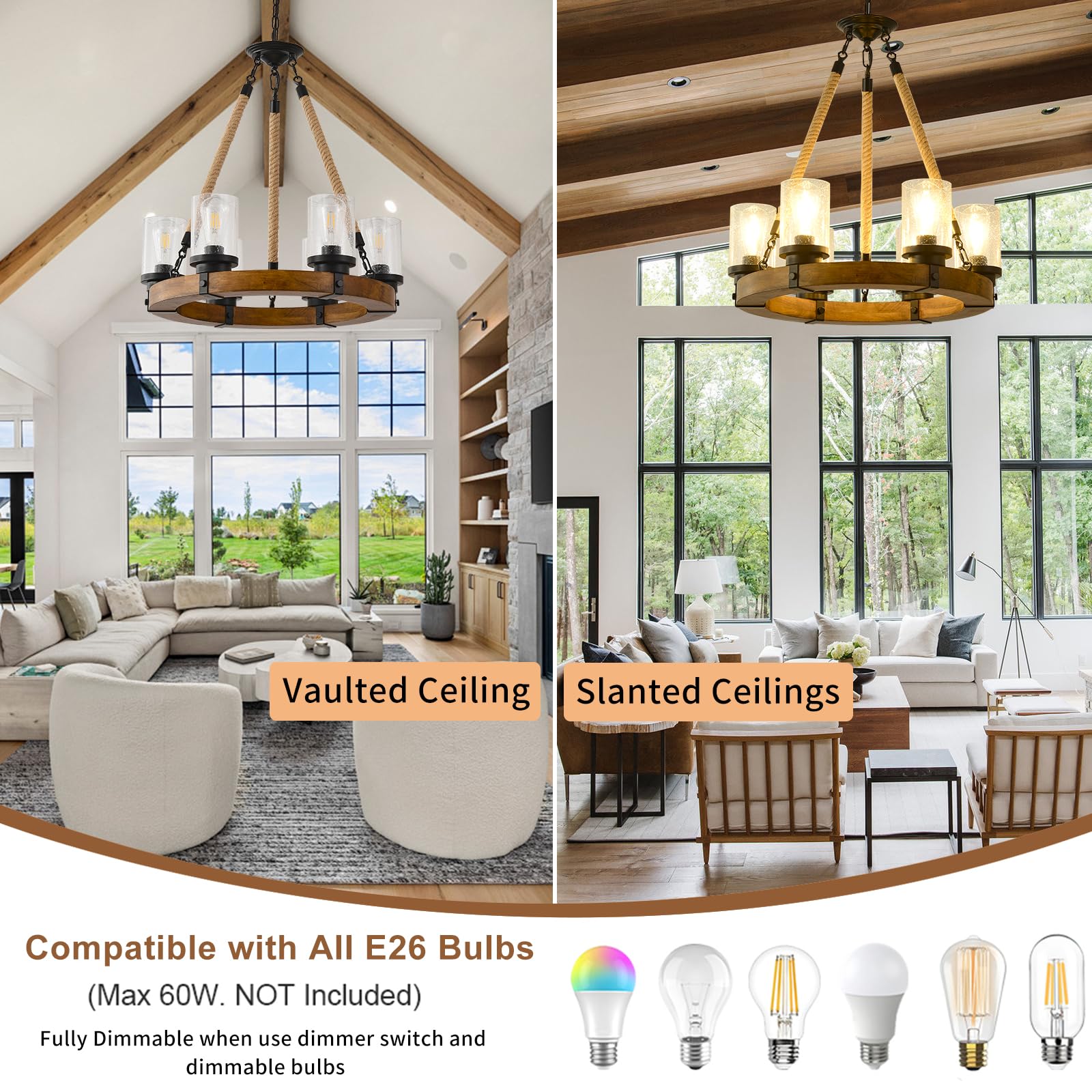 Farmhouse Wagon Wheel Chandelier - 6-Light Rustic Wood Ceiling Light with Seeded Glass Shades, Round Wooden Chandelier for Dining Room, Living Room, Kitchen & Foyer | Perfect for Country Homes, Cabin Decor & Western Style Interiors