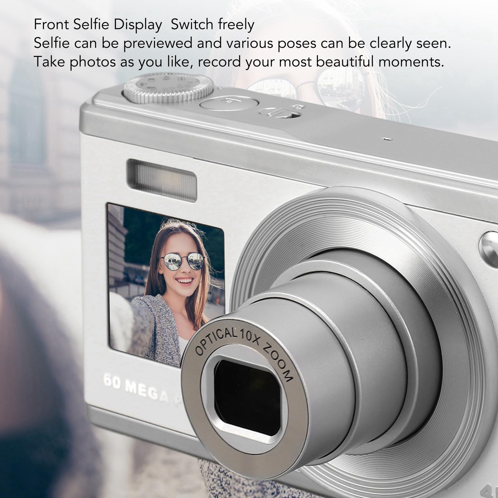 60MP 4K Ultra HD Digital Camera with Dual Screen, Auto Focus & 10x Optical Zoom | Anti-Shake Compact Camera for Vlogging, Travel & Outdoor Photography (White) - Perfect for YouTube Creators, Family Vacations and Adventure Travel