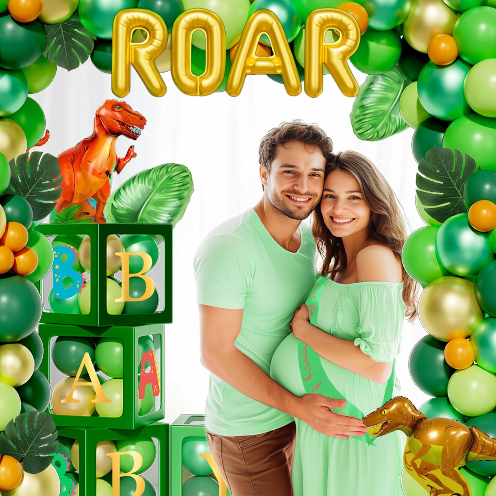 Dinosaur Baby Shower Decorations for Boys - Dino Themed Party Supplies with Backdrop, Balloon Banner, Cake Topper & Mummy Sash in Green & Gold | Perfect for Gender Reveal, First Birthday & Nursery Decor