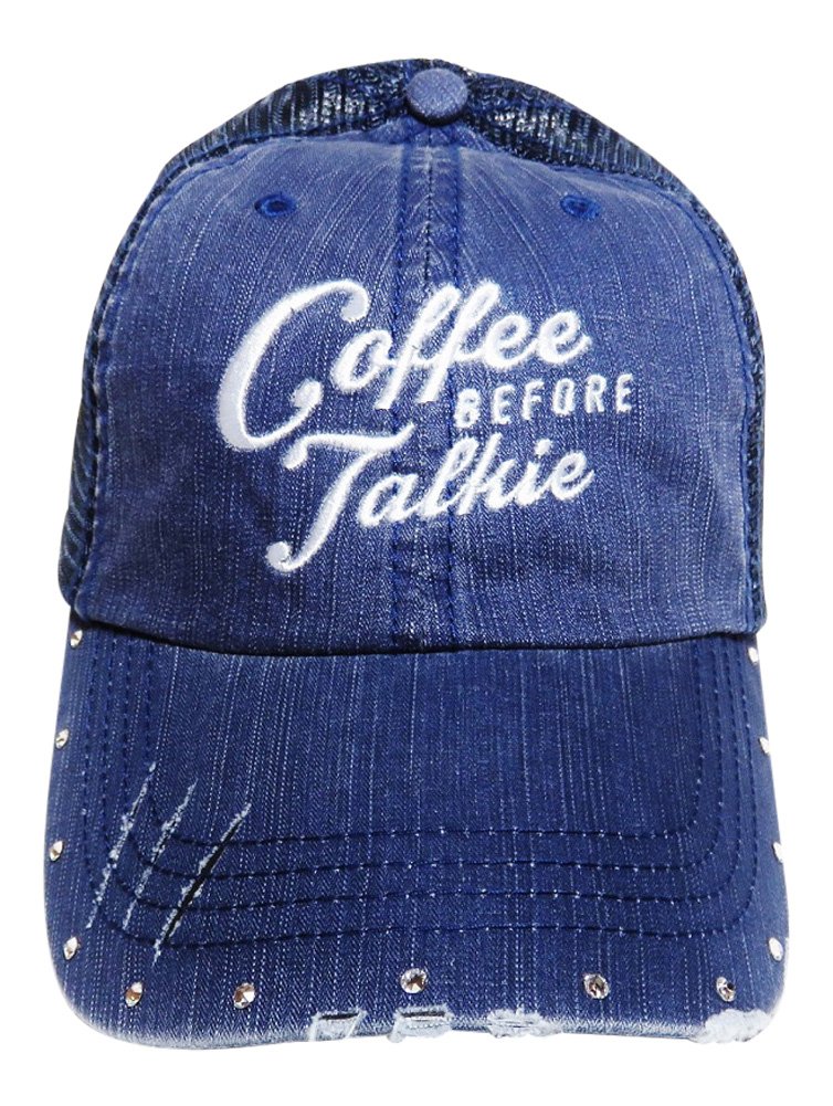 Vintage Washed Out Trucker Cap with Swarovski Crystals - Coffee Before Talkie Baseball Hat for Men & Women - Perfect for Outdoor Sports, Casual Wear & Street Fashion