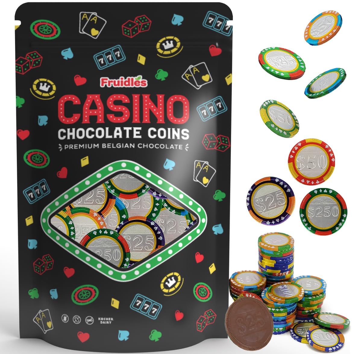Premium Belgian Milk Chocolate Coins - Kosher Certified, Non-GMO Casino Poker Chips (50-Pack) - Perfect for Poker Nights, Birthday Parties, and Holiday Gift Baskets