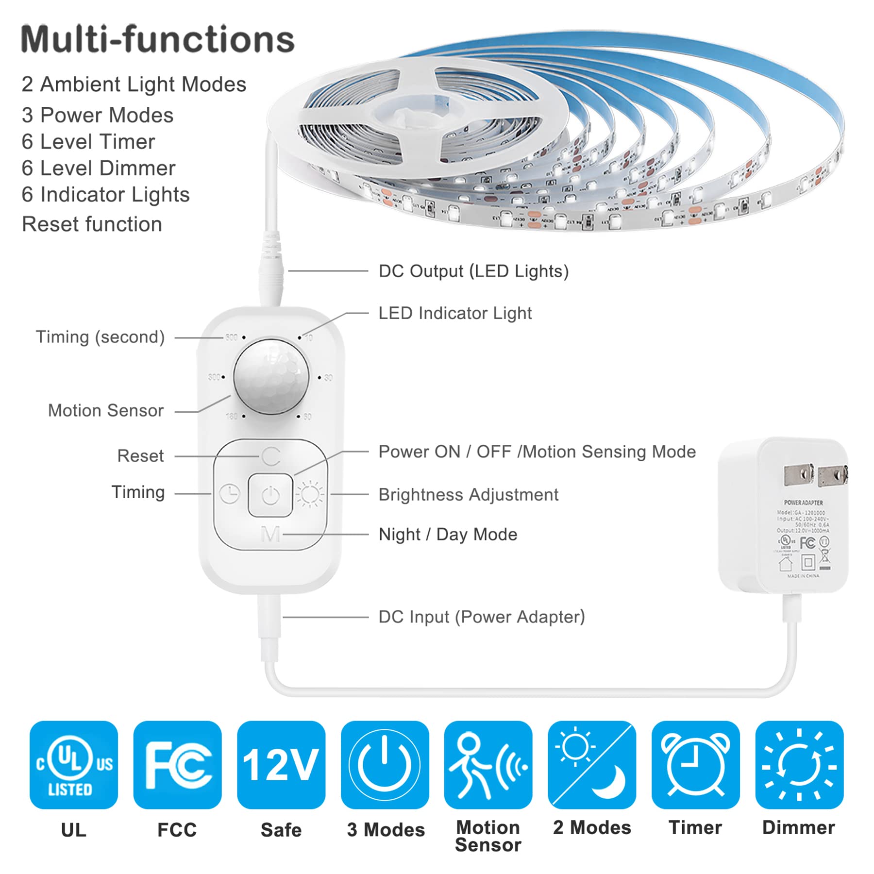 Motion Sensor LED Strip Lights Indoor Plug-in with Timer & Dimmer - UL FCC Certified for Stairway, Kitchen Cabinet, Bedroom, Corridor, Washroom, Counter, Shelf & Showcase - Perfect for Nighttime Safety & Accent Lighting