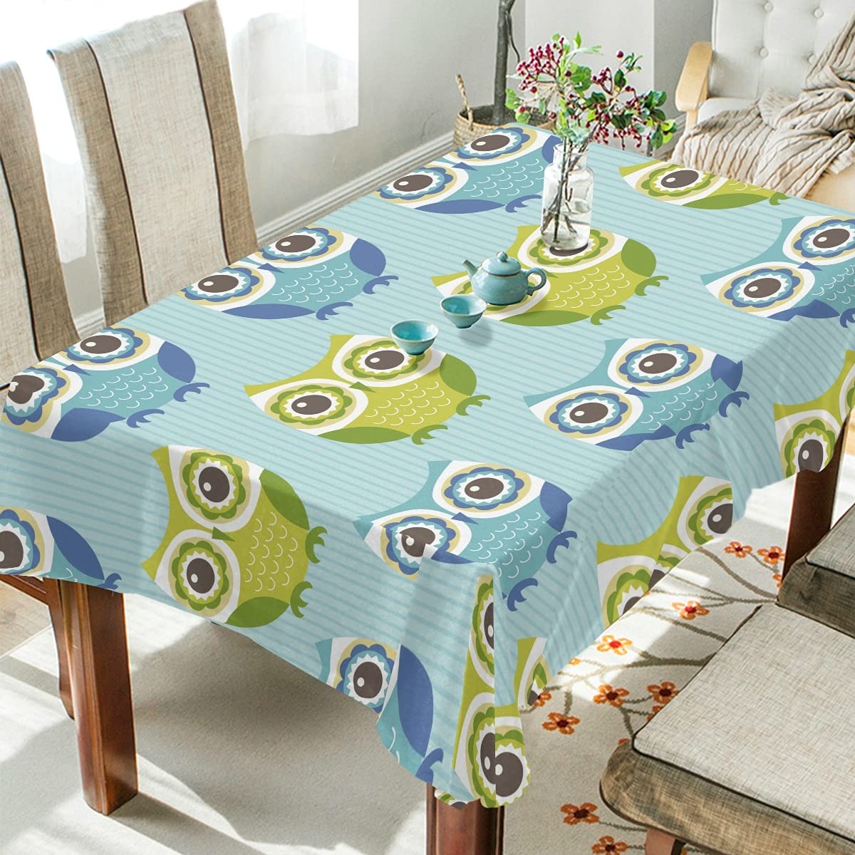 Washable Spill-Proof Rectangle Tablecloth - Cute Blue & Green Owl Design for Kids, Dust-Proof Kitchen Dining Table Cover (54x72 Inches) | Perfect for Birthday Parties, Family Gatherings & Home Decor