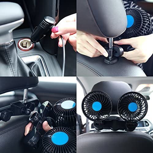 12V Dual Head Car Fan - Adjustable Cooling for Pets & Rear Passengers | 360° Rotating Vehicle Fan for Summer Travel & Road Trips | Compact Car Accessory for Hot Weather Comfort