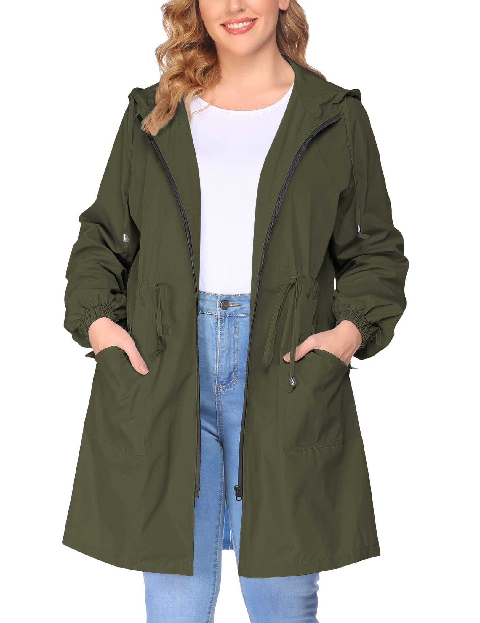 IN'VOLAND Women's Waterproof Rain Jacket Plus Size Long Hooded Windbreaker Lightweight Raincoat with Pockets - Perfect for Outdoor Hiking, Commuting & Travel