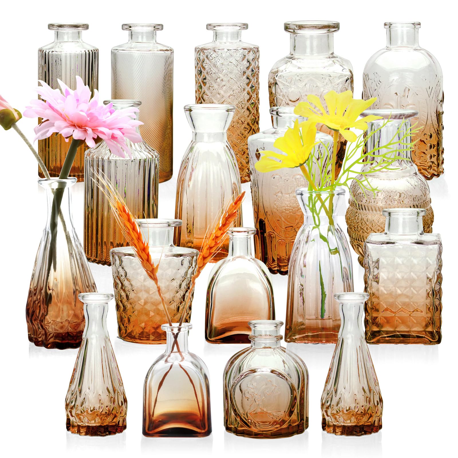 Brajttt Set of 18 Small Amber Glass Bud Vases - Vintage Flower Vases for Rustic Wedding Decor, Table Centerpieces, Bathroom Decor - Perfect for Wedding, Home, and Event Floral Arrangements