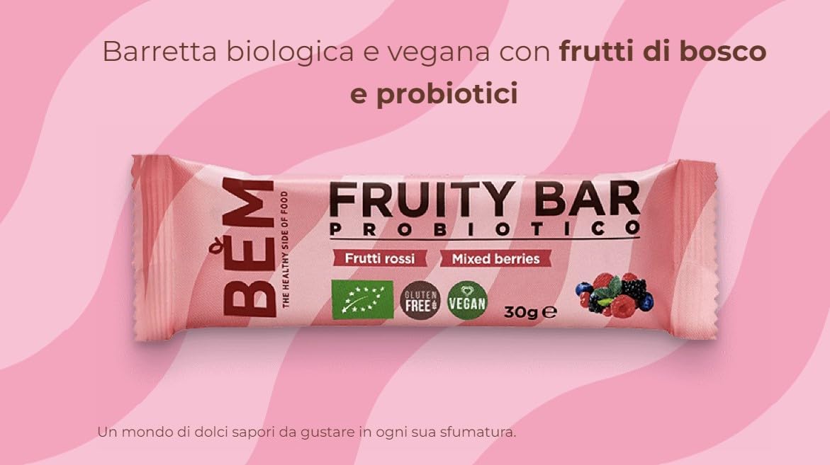 BEM Barretta Probiotica alla Frutta with Red Berries - Multipack 20 x 30g | Organic, Gluten Free & Vegan Probiotic Fruit Snack Bars - Perfect for On-the-Go Energy, Healthy Breakfast or Post-Workout Recovery