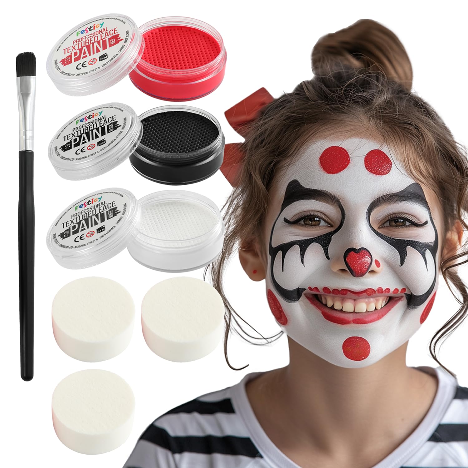 Festicy Professional Face Paint Kit - 3 Colors (Black, Red, White) for Halloween & Carnival Makeup