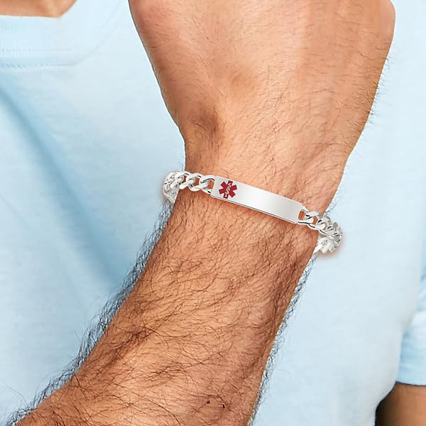 925 Sterling Silver Medical Alert ID Bracelet - Personalized Name Bar & Curb Link for Emergency Identification - Perfect for Allergies, Diabetes & Medical Conditions