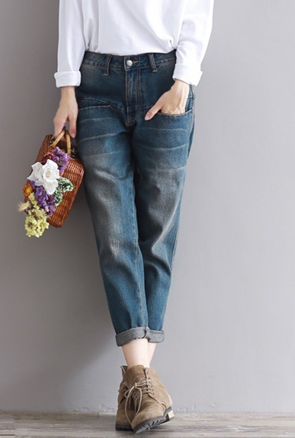 Hotmiss Women's Distressed Baggy Harem Jeans - Casual Loose Fit Cropped Denim Pants for Streetwear & Boho Fashion Outfits