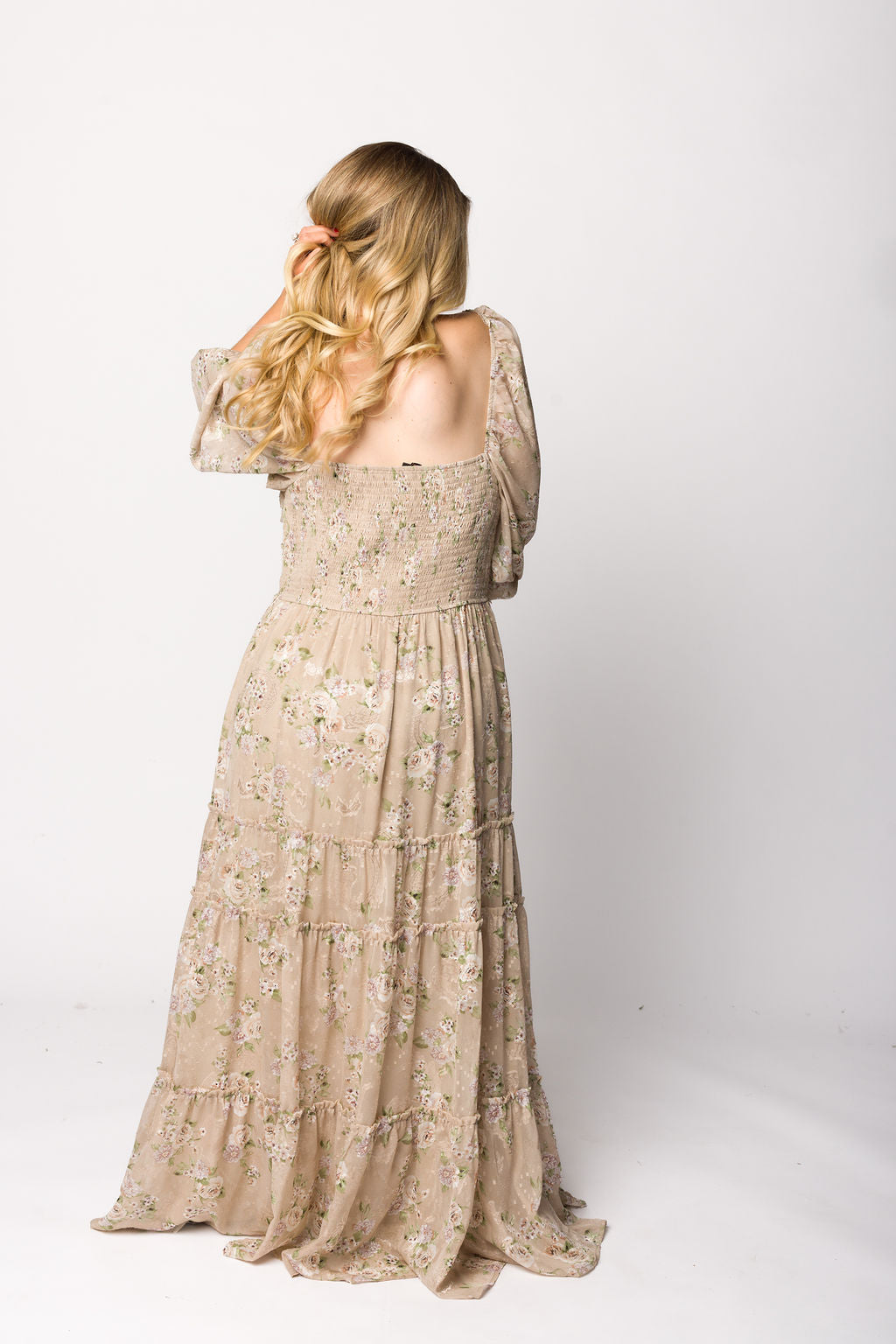 Elegant Daphne Long Sleeve Maxi Dress in Beige Multi Floral Print - Bump Friendly & Inclusive Sizing (XS-3XL) | Perfect for Maternity, Weddings & Special Occasions