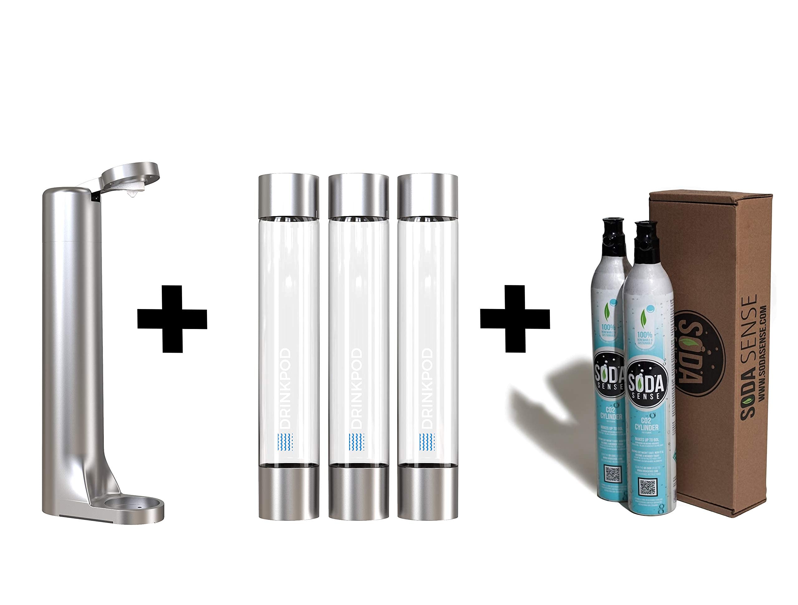 FIZZpod Soda Maker Machine - Make Sparkling Water, Juice, Coffee & Cocktails at Home | Includes 3 Bottles, 3 Caps, Carbonator Cap & 2 CO2 Cylinders (Silver) | Perfect for Kitchen, Office, Parties & Healthy Drinks
