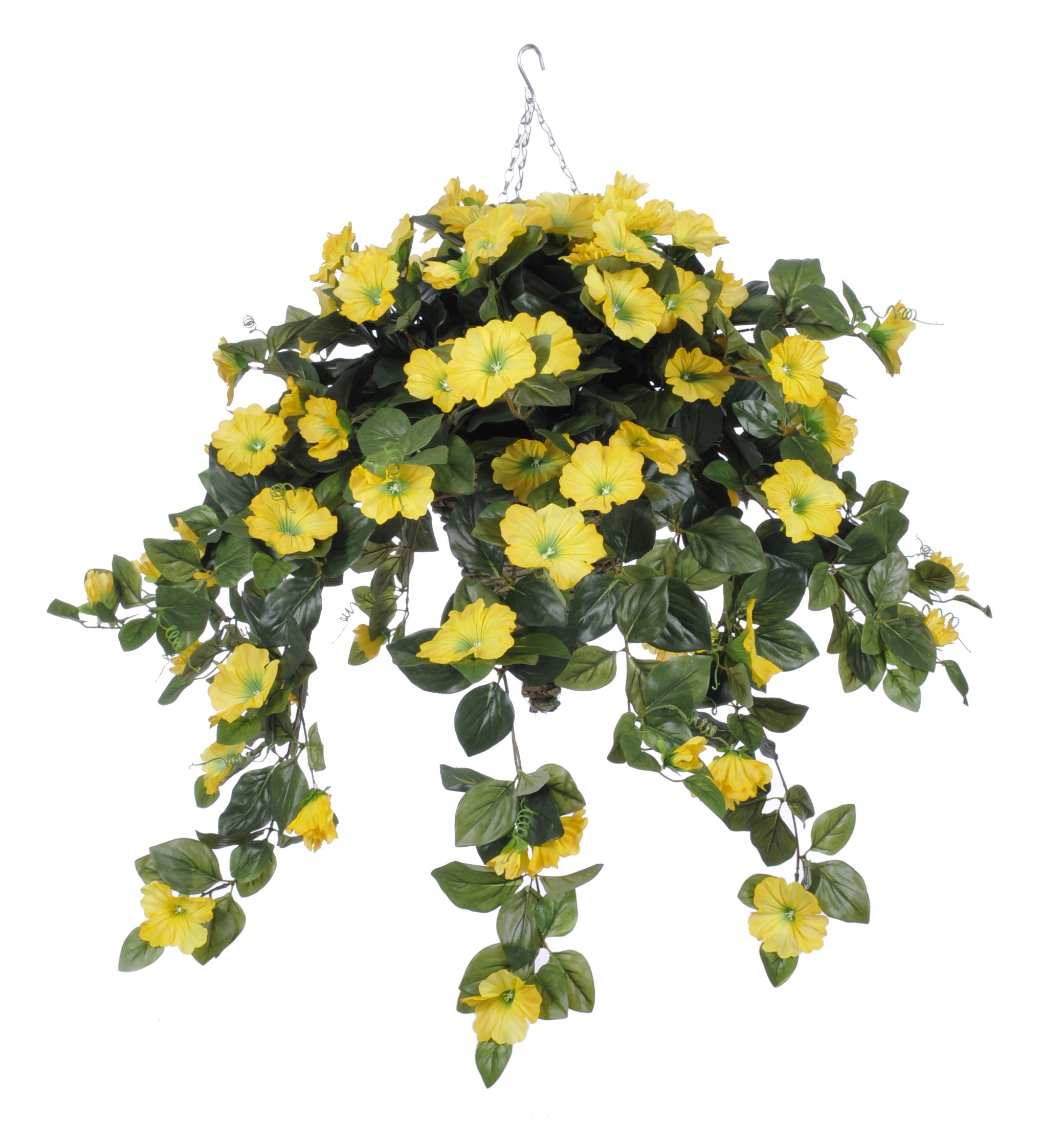 Artificial Yellow Petunia Silk Flowers in Hanging Basket - Realistic Home & Garden Decor for Porch, Patio, and Indoor Plant Displays