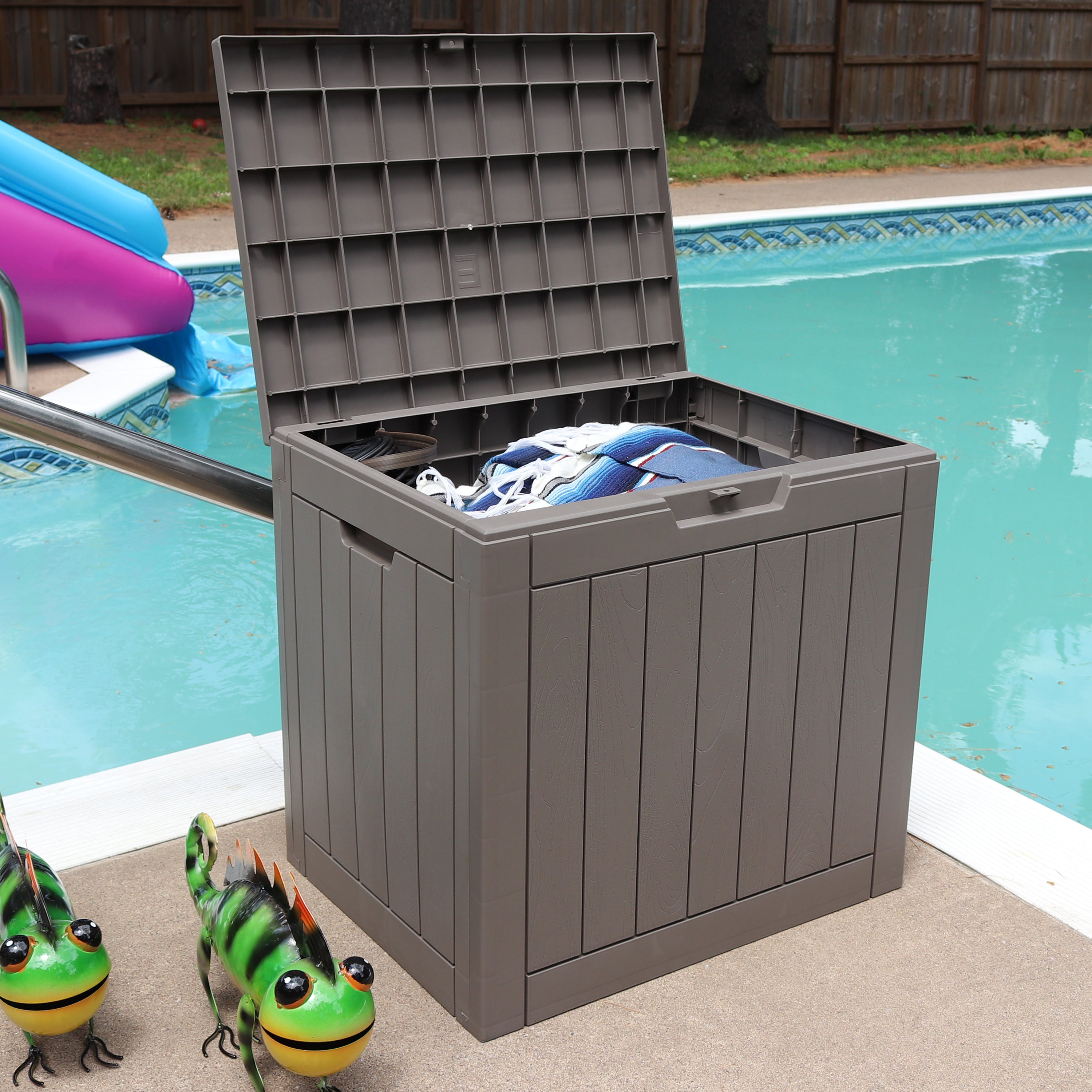Sunnydaze 32 Gallon Small Deck Storage Box with Lockable Lid - Outdoor Patio Furniture Organizer for Cushions, Pillows, and Garden Tools
