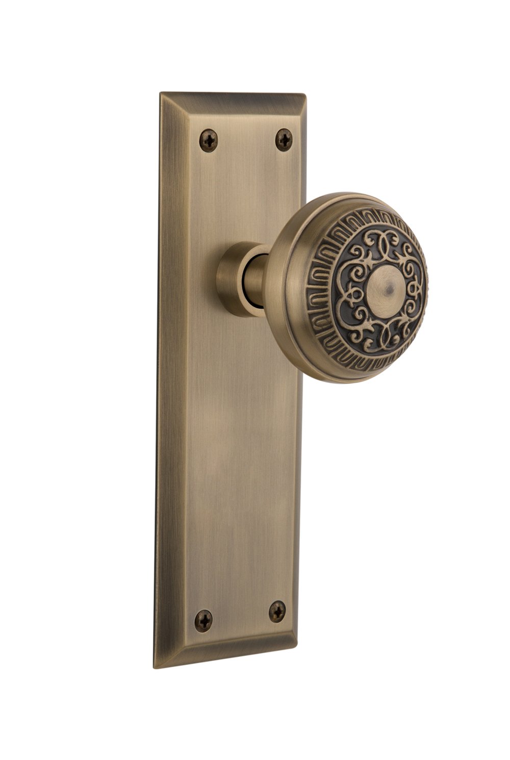 Nostalgic Warehouse New York Plate with Egg & Dart Knob - Double Dummy Antique Brass Cabinet Hardware for Vintage Home Decor & Furniture Restoration
