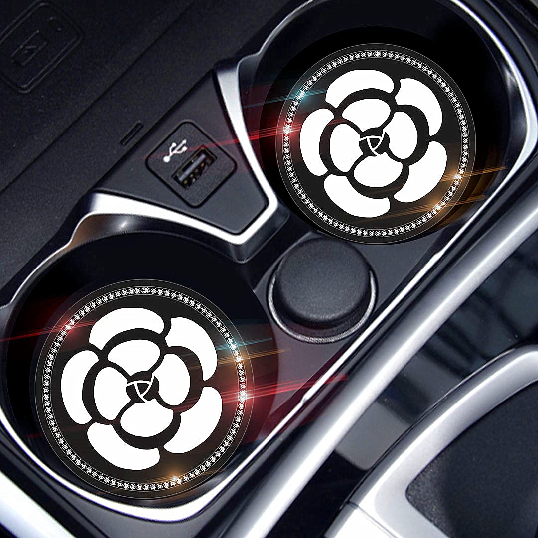 Bling Car Coaster Set - 2PCS Rhinestone Cup Holder Mats for Women, Anti-Slip Silicone Drink Pads - Perfect for Cars & Gifts