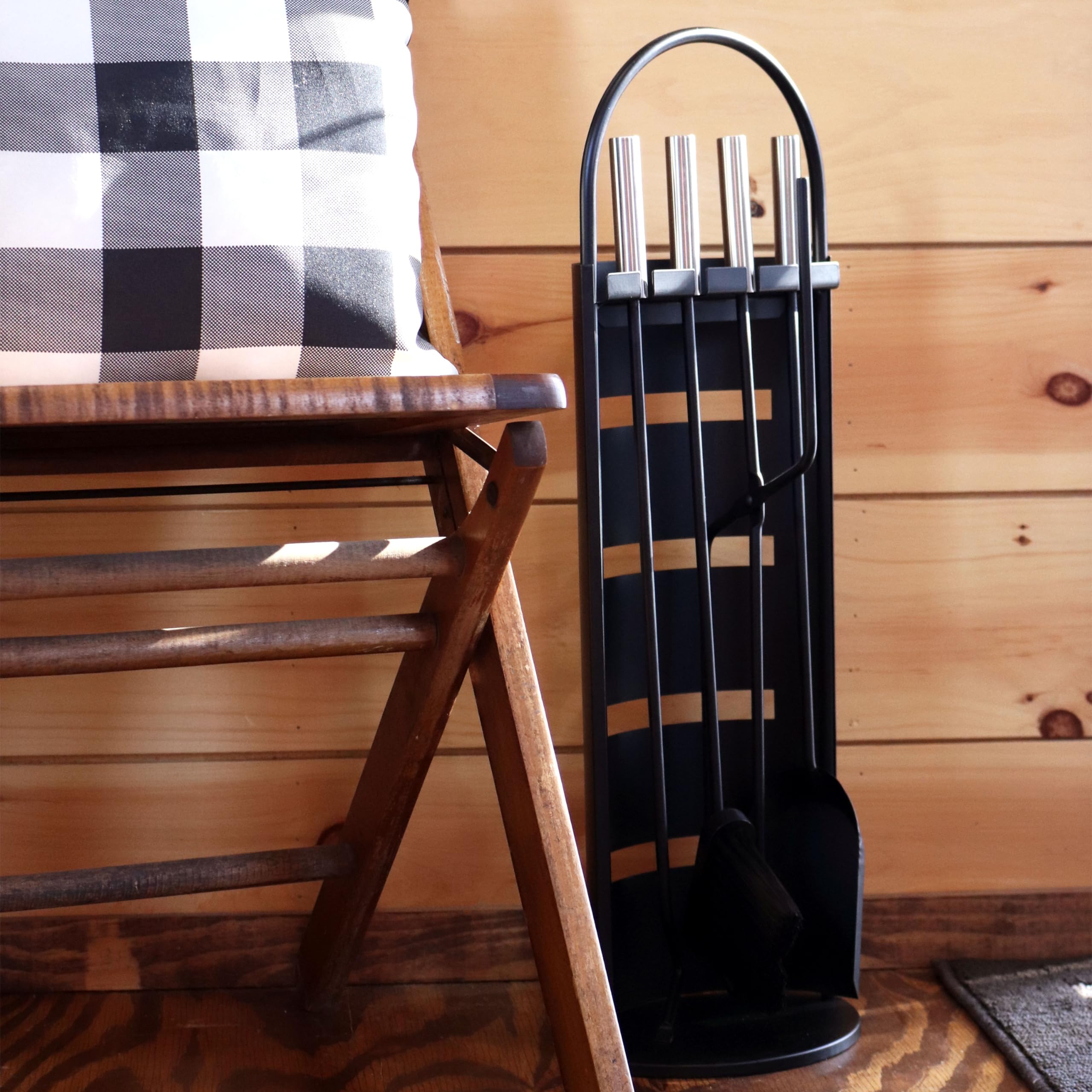 Sunnydaze 4-Piece Fireplace Tool Set with Stand - Heavy Duty Steel Fireplace Accessories with Poker, Brush, Shovel & Hanger - Perfect for Indoor Fireplace, Hearth & Wood Stove Maintenance