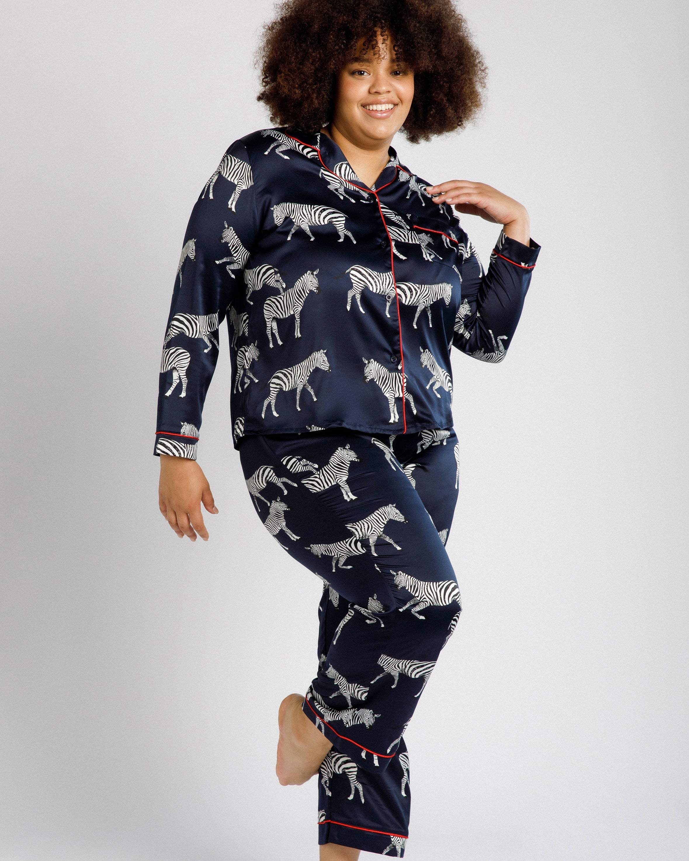 Satin Zebra Print Long Pajama Set for Women - Soft & Comfortable Sleepwear - Navy Blue - Perfect for Lounging, Sleepovers & Relaxing at Home