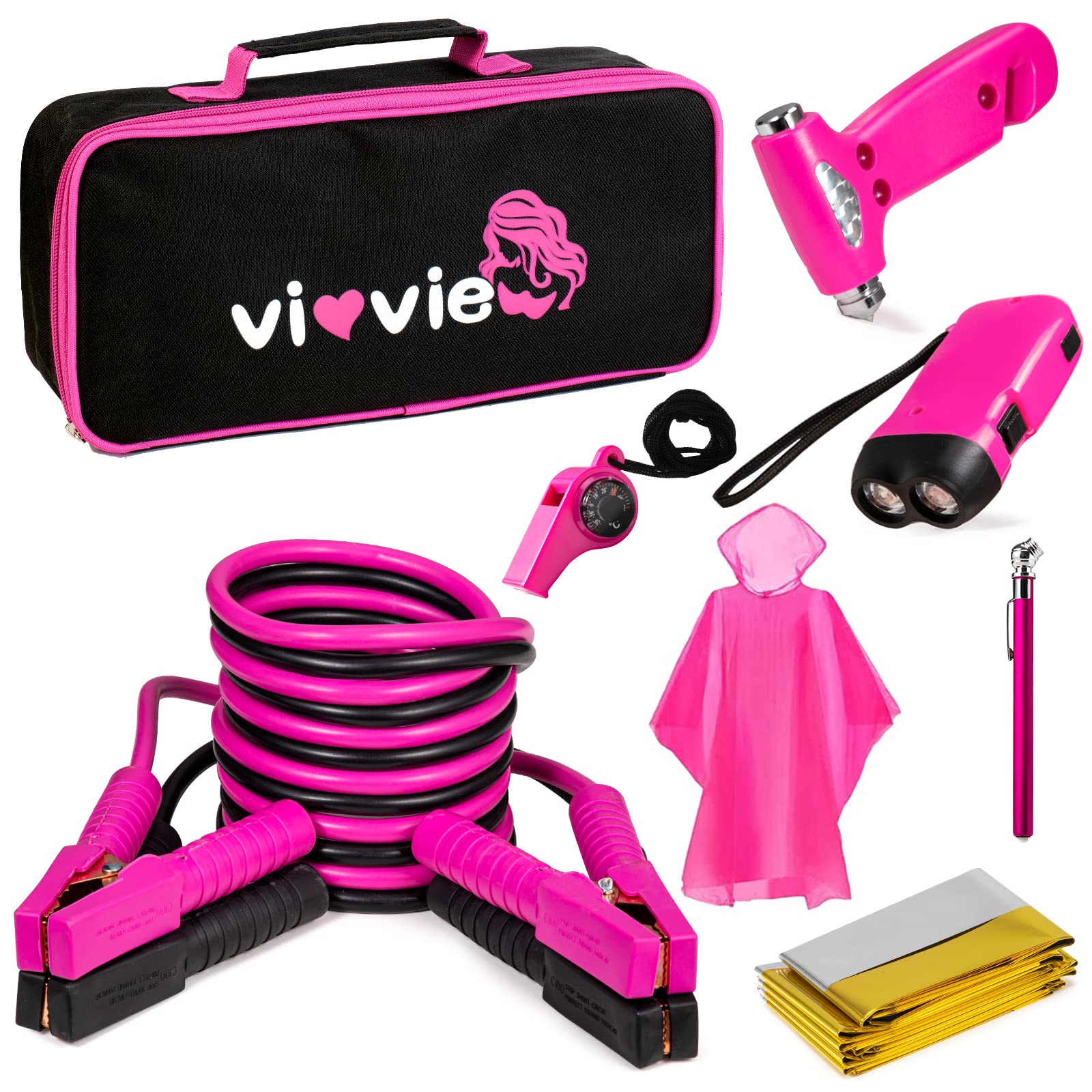 Pink Car Emergency Kit with Jumper Cables & Safety Hammer - Roadside Assistance Essentials for Women & Teen Girls | Perfect for Road Trips, Travel Safety & Vehicle Breakdowns