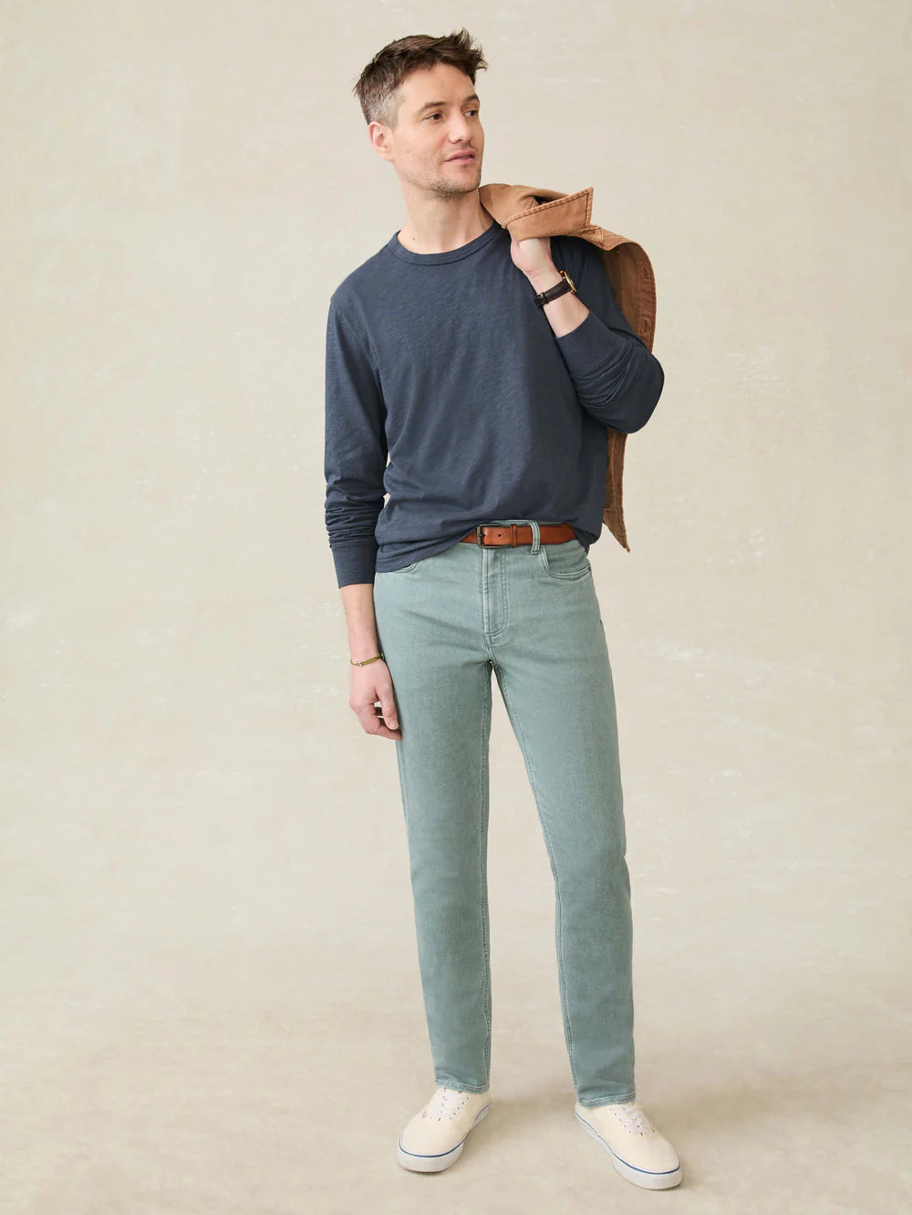 Faherty Sunwashed Long Sleeve T-Shirt for Men | Soft Cotton Casual Shirt in Dune Navy | Perfect for Beach, Travel & Everyday Wear