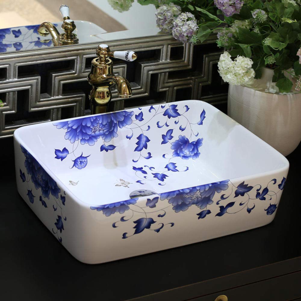 NOALED Rectangular Blue and White Ceramic Countertop Bathroom Sink - Modern Ceramic Wash Basin for Vanity, Powder Room, or Guest Bath - Perfect for Small Spaces and Contemporary Bathroom Designs
