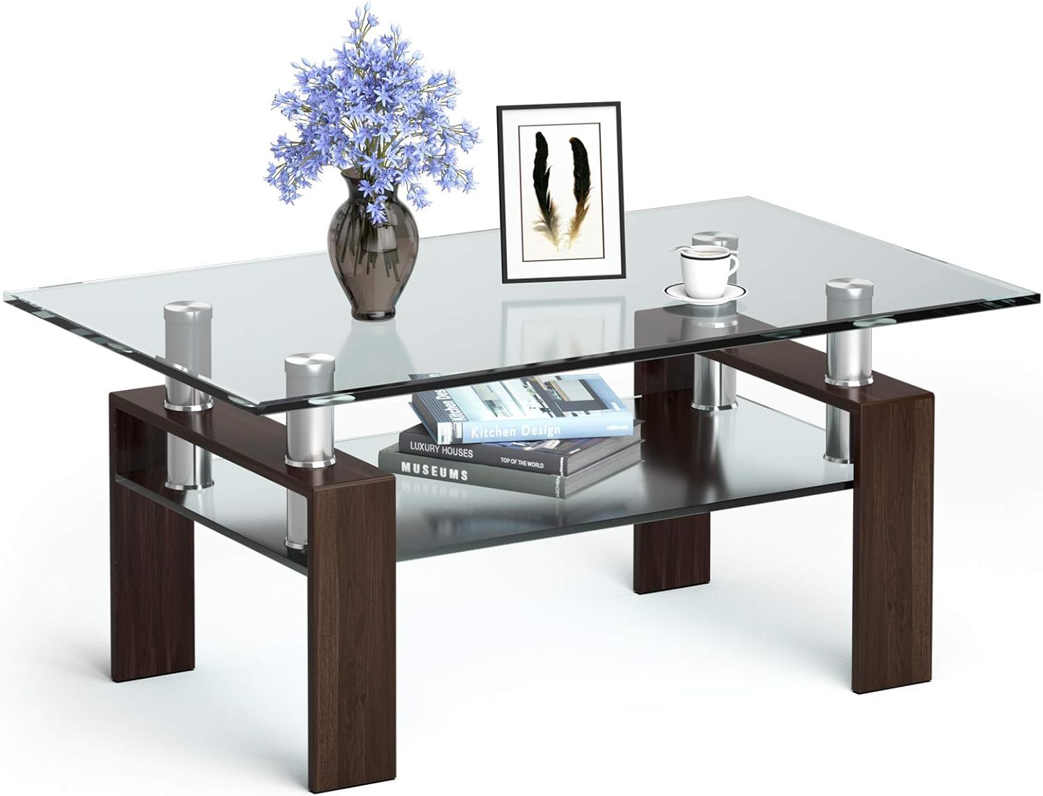 4everwinner Modern 2-Tier Rectangle Glass Coffee Table with Tube Legs & Lower Shelf - Espresso Brown Finish for Living Room, Perfect for Small Spaces, Apartments & Lounge Areas