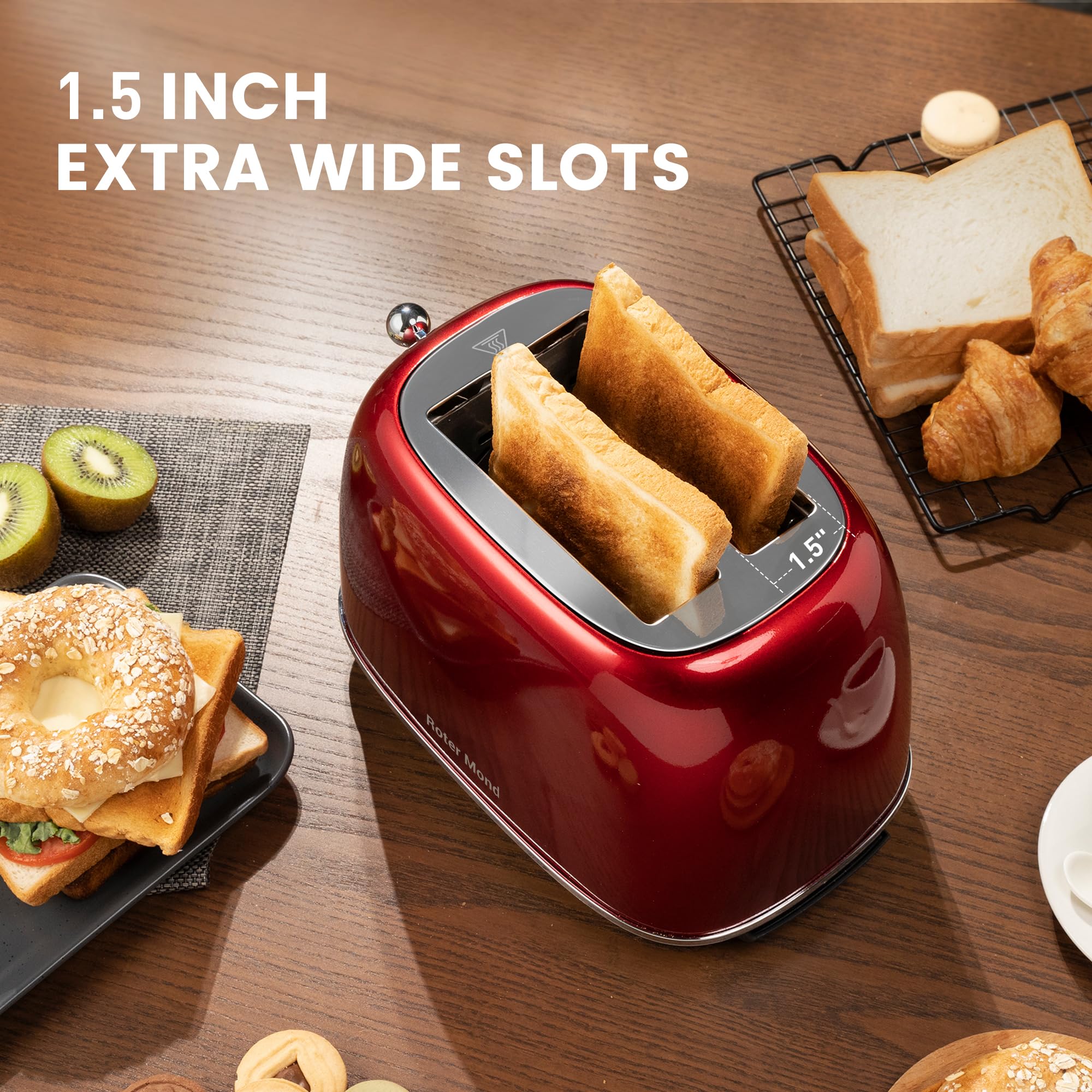 Retro 2-Slice Toaster with Bagel, Cancel & Defrost Functions - Stainless Steel, 6 Shade Settings, Extra Wide Slots & Removable Crumb Tray - Red - Perfect for Kitchens, Dorms & Small Spaces