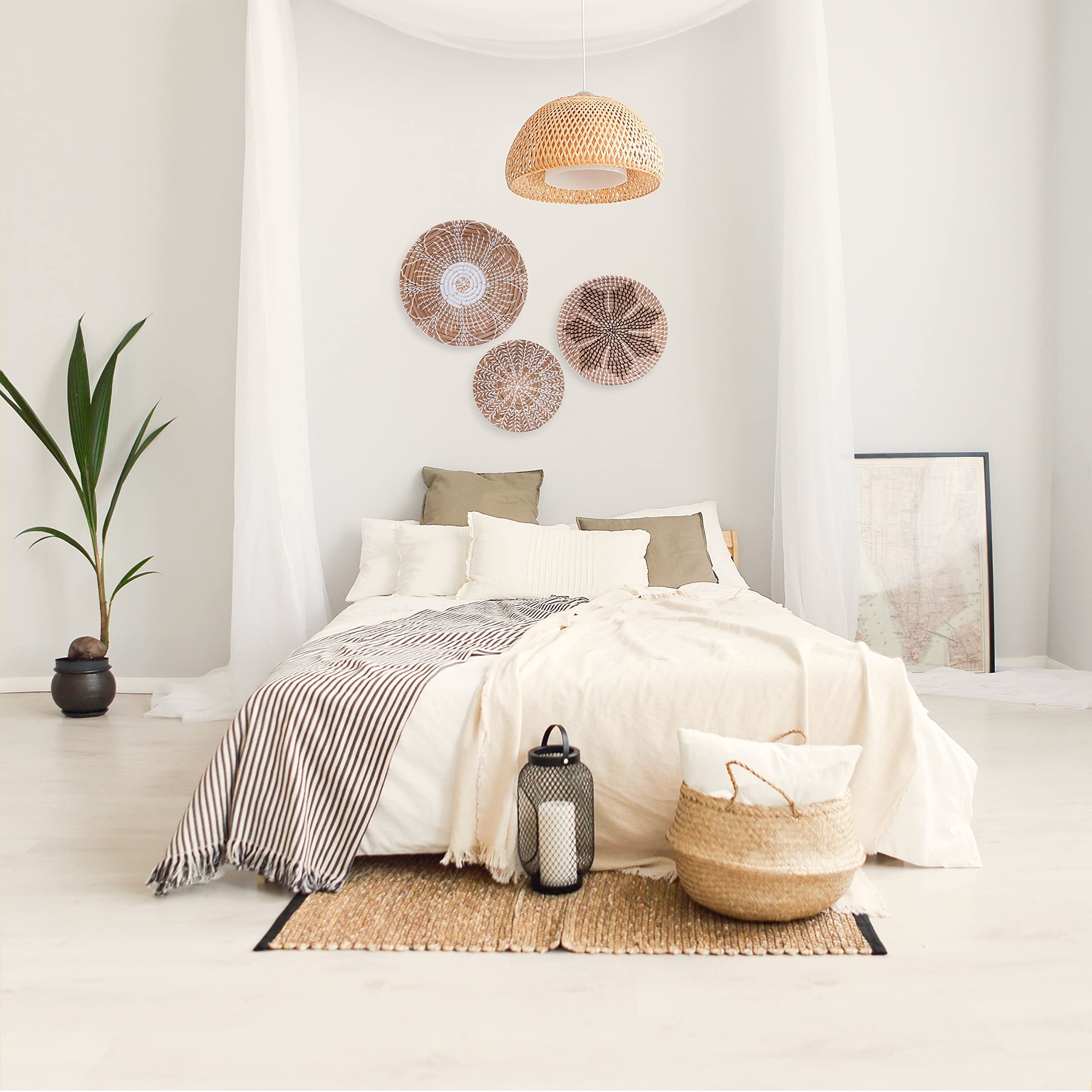 Scandinavian Boho Rattan Wall Decor Set - Handwoven Wicker Hanging Baskets for Home Decor - Natural Woven Wall Art - Perfect for Living Room, Bedroom, or Nursery Decoration