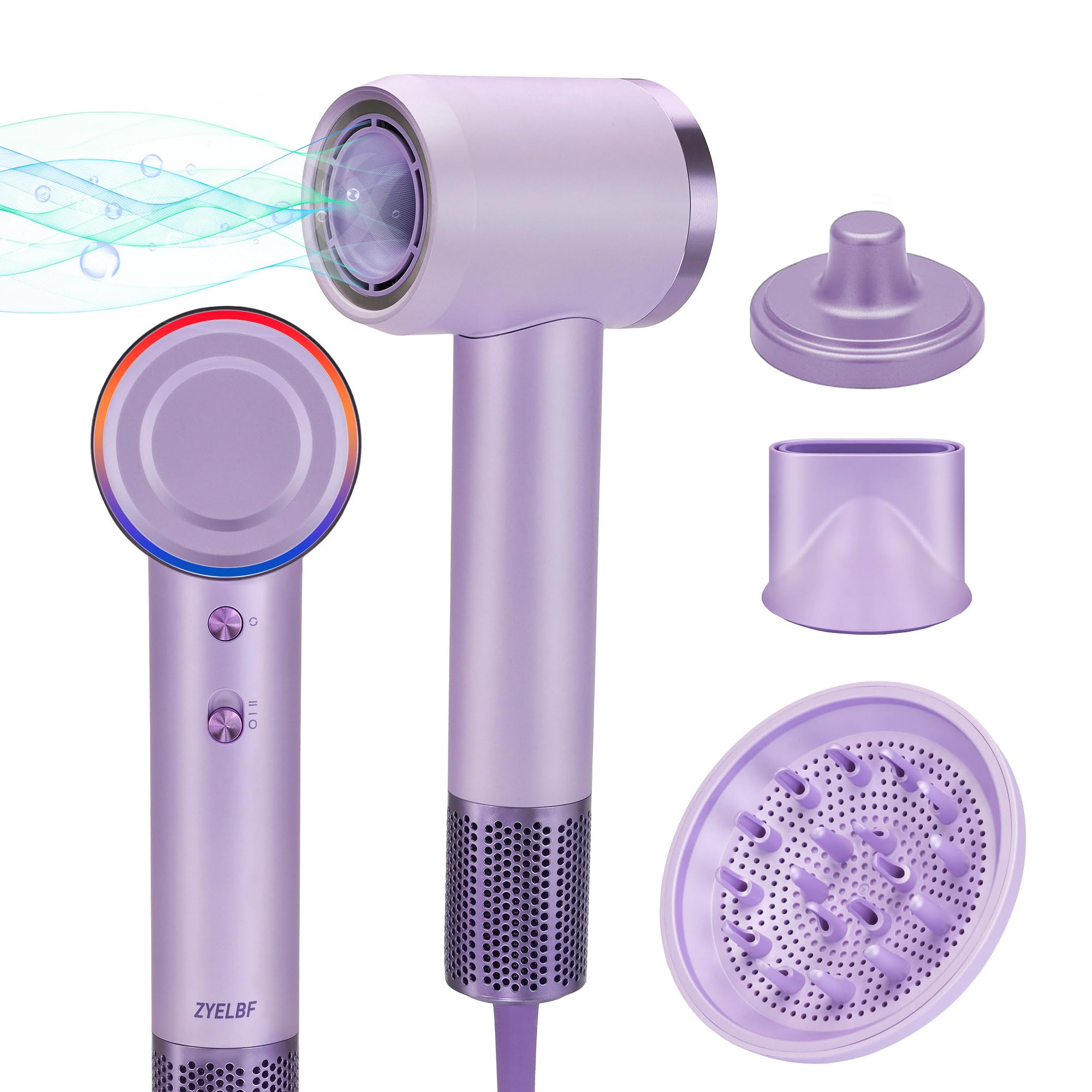Professional Ionic Hair Dryer - 150,000 RPM High-Speed Brushless Motor with Negative Ions & Thermo Control | Includes Magnetic Diffuser & Nozzle (Purple) | Salon-Quality Blowout for Home & Travel Use