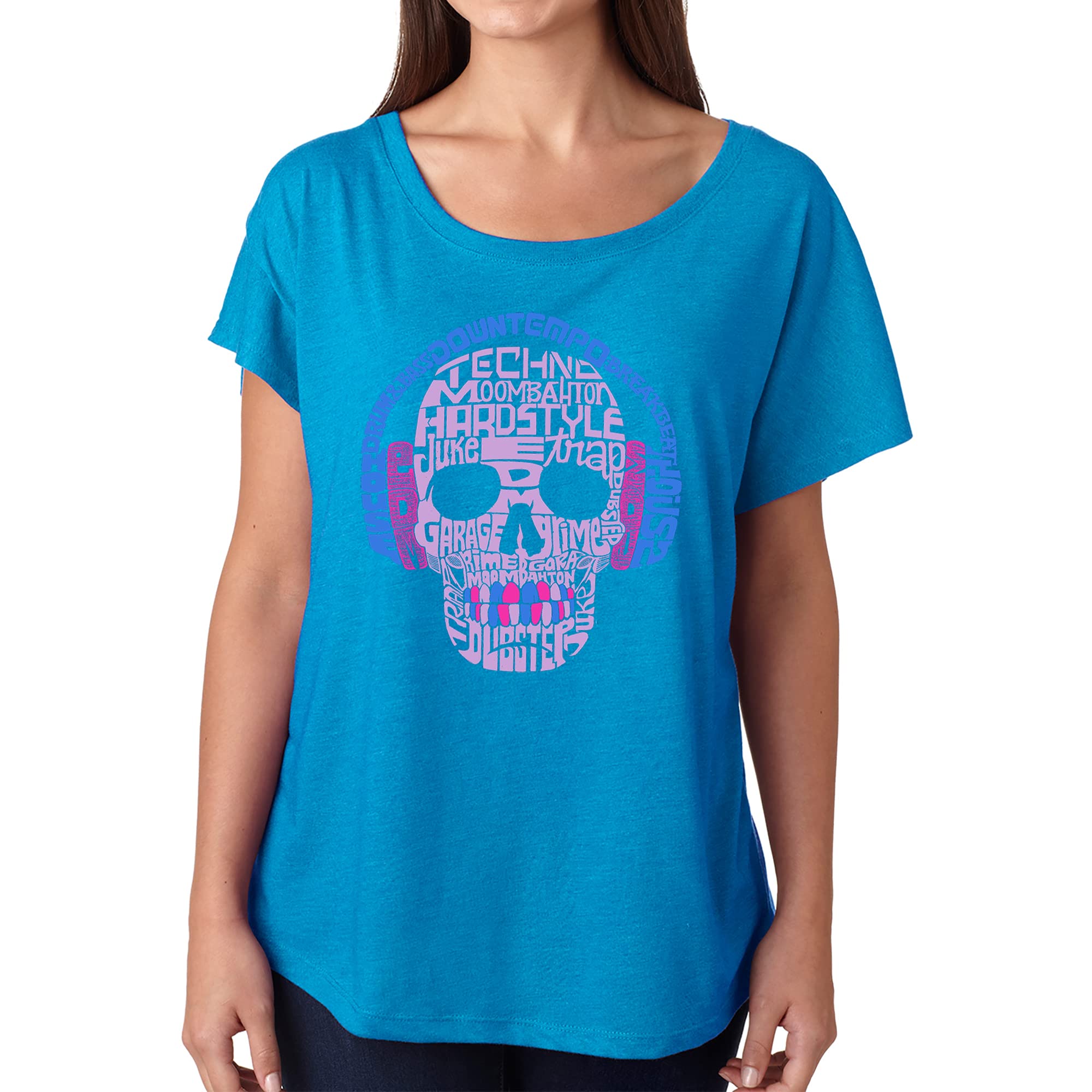 LA POP ART Women's Loose Fit Dolman Sleeve Graphic T-Shirt with Word Art Design | Comfortable Casual Wear for Music Festivals, Concerts & Street Style