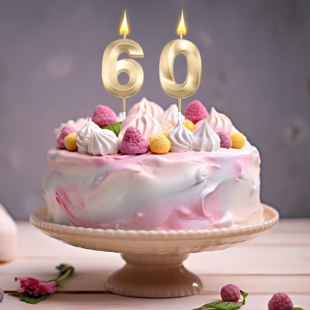 60th Birthday Candles Numbers - Champagne Gold Cake Toppers for Birthday Parties, Weddings & Anniversaries - Perfect for Cake Decorations & Celebration Supplies