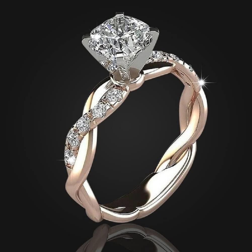 18K Rose Gold Two-Tone Princess Cut Cubic Zirconia Diamond Ring - Stackable Twisted Wedding Band & Engagement Ring for Women (Size 6) - Perfect for Proposals, Anniversaries & Bridal Jewelry Sets