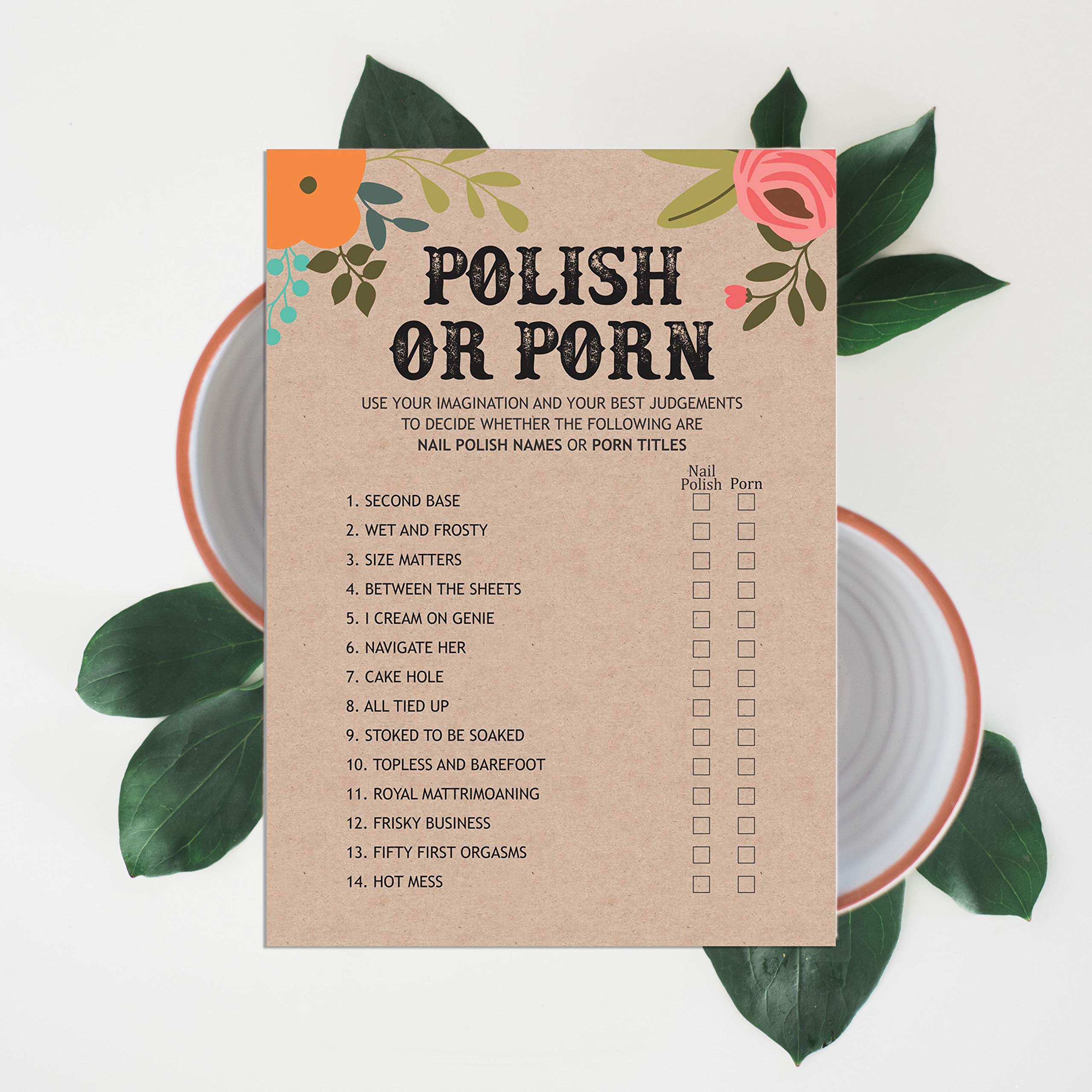 50-Pack Rustic Kraft Floral Bachelorette Party Cards | Bridal Shower Games, Polish or Porn Activity Set for Wedding Celebrations & Girls' Night Fun