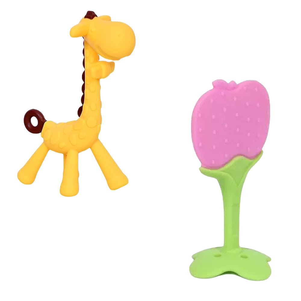 Kritiu Giraffe Shape Teether & Rattle Combo - BPA-Free Silicone Baby Teething Toys for 0-12 Months - Safe & Fun Gum Massagers for Soothing Sore Gums (Yellow & Pink) - Perfect for Home, Travel & Daycare Use