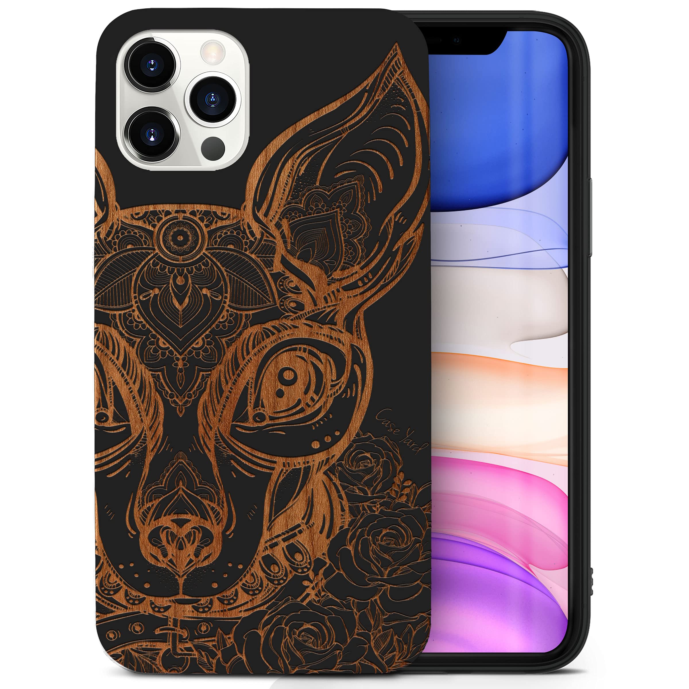 Wooden Phone Case for iPhone 11 Pro - Laser Engraved Chihuahua Design - Black Wood Protective Cover - Shockproof & Slim Fit - Compatible with iPhone 11 Pro - Perfect for Men & Women - Ideal for Everyday Use, Travel & Outdoor Activities