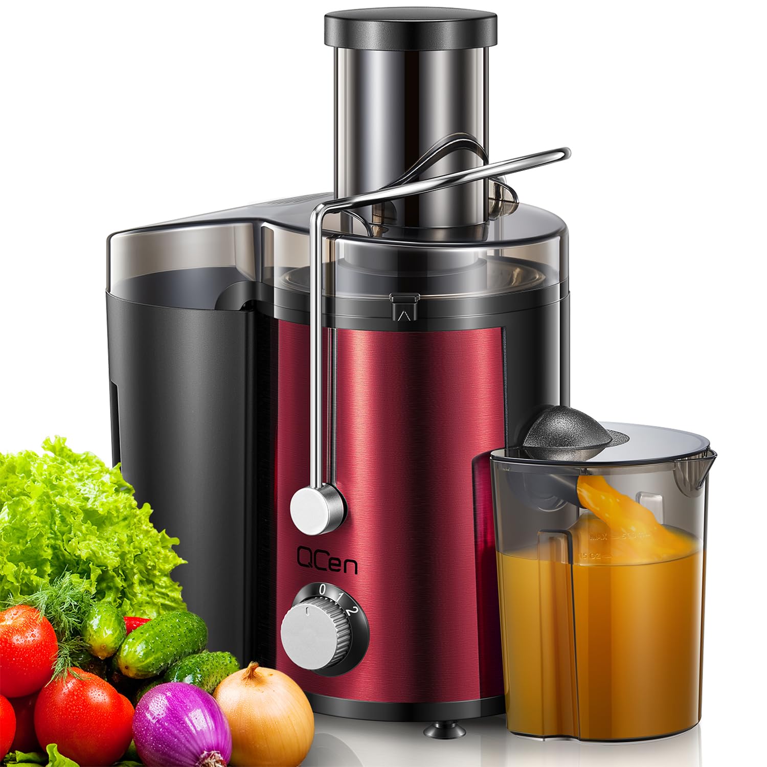 QCen 800W High-Power Juicer Machine - Metallic Red Electric Citrus Juicer Squeezer Bundle for Fresh Orange, Lemon & Grapefruit Juice - Perfect for Home, Restaurant & Healthy Breakfast