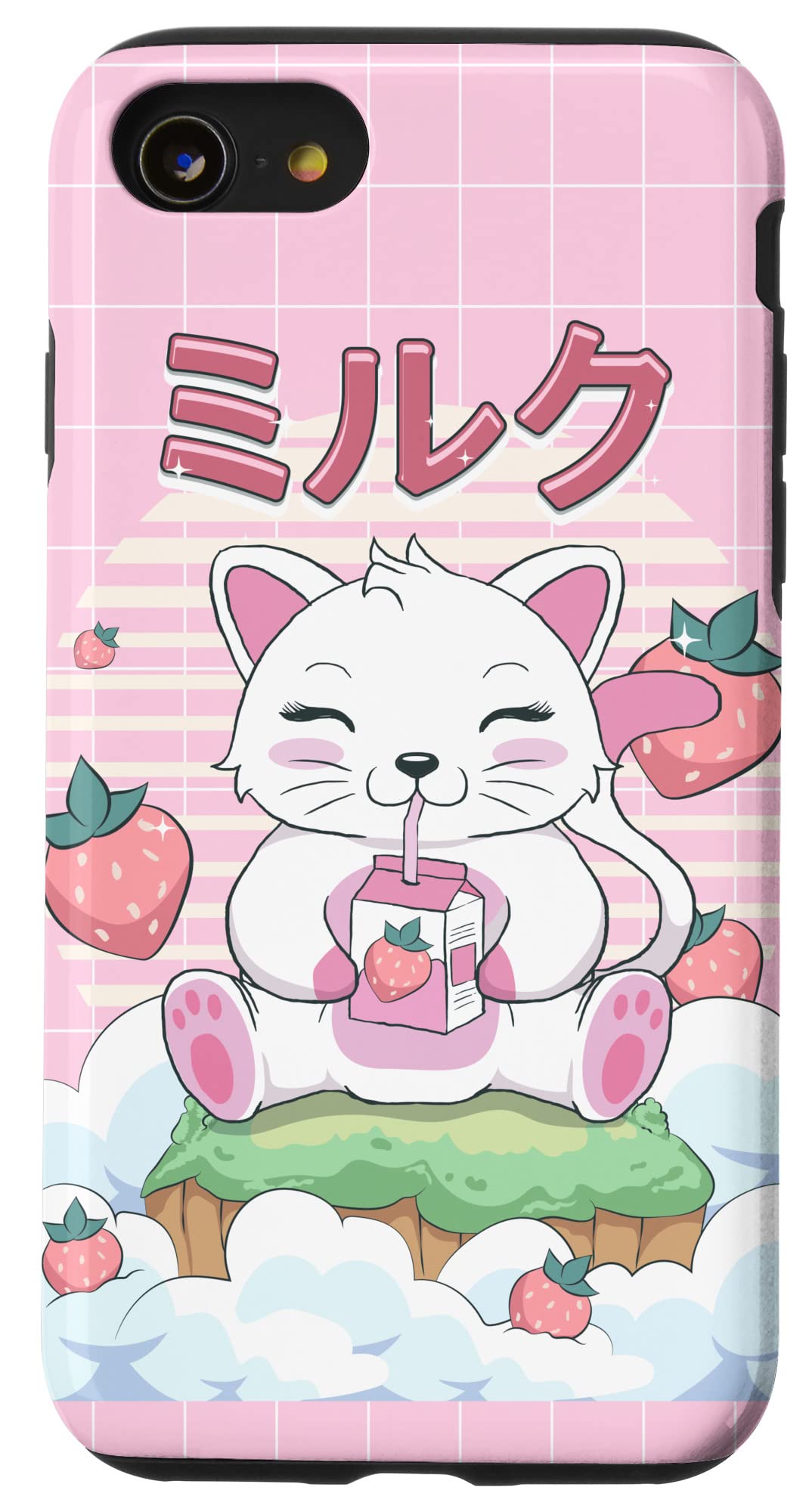 Cute Kawaii Cat Strawberry Milk Carton Phone Case for iPhone SE (2020) / 7 / 8 - Japanese Style Aesthetic Protective Cover - Perfect for School, Work & Everyday Use