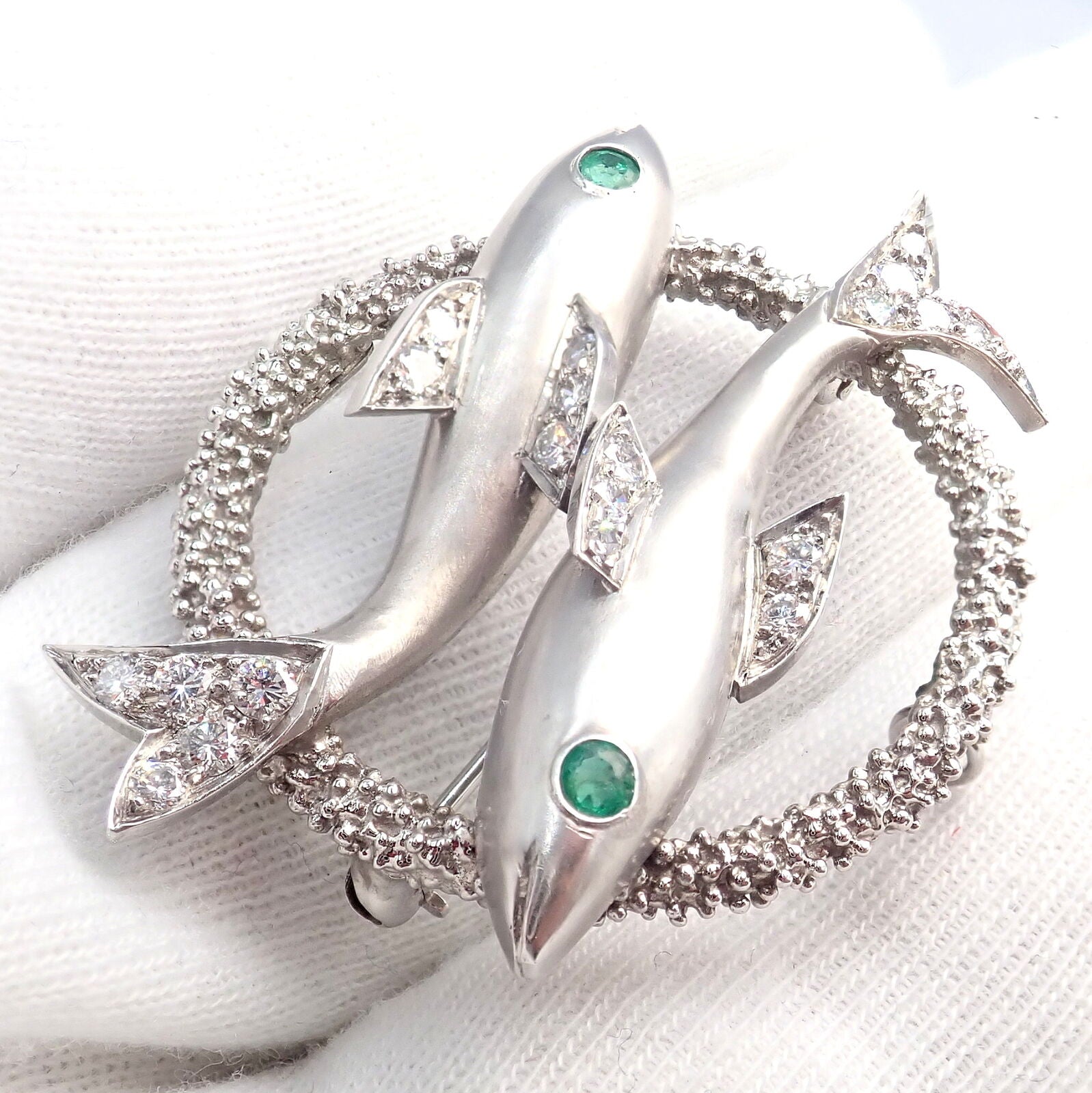 Cartier 18k White Gold & Platinum Diamond Emerald Zodiac Pisces Fish Brooch Pin - Luxury Jewelry Gift for Women, Perfect for Special Occasions & Collectors