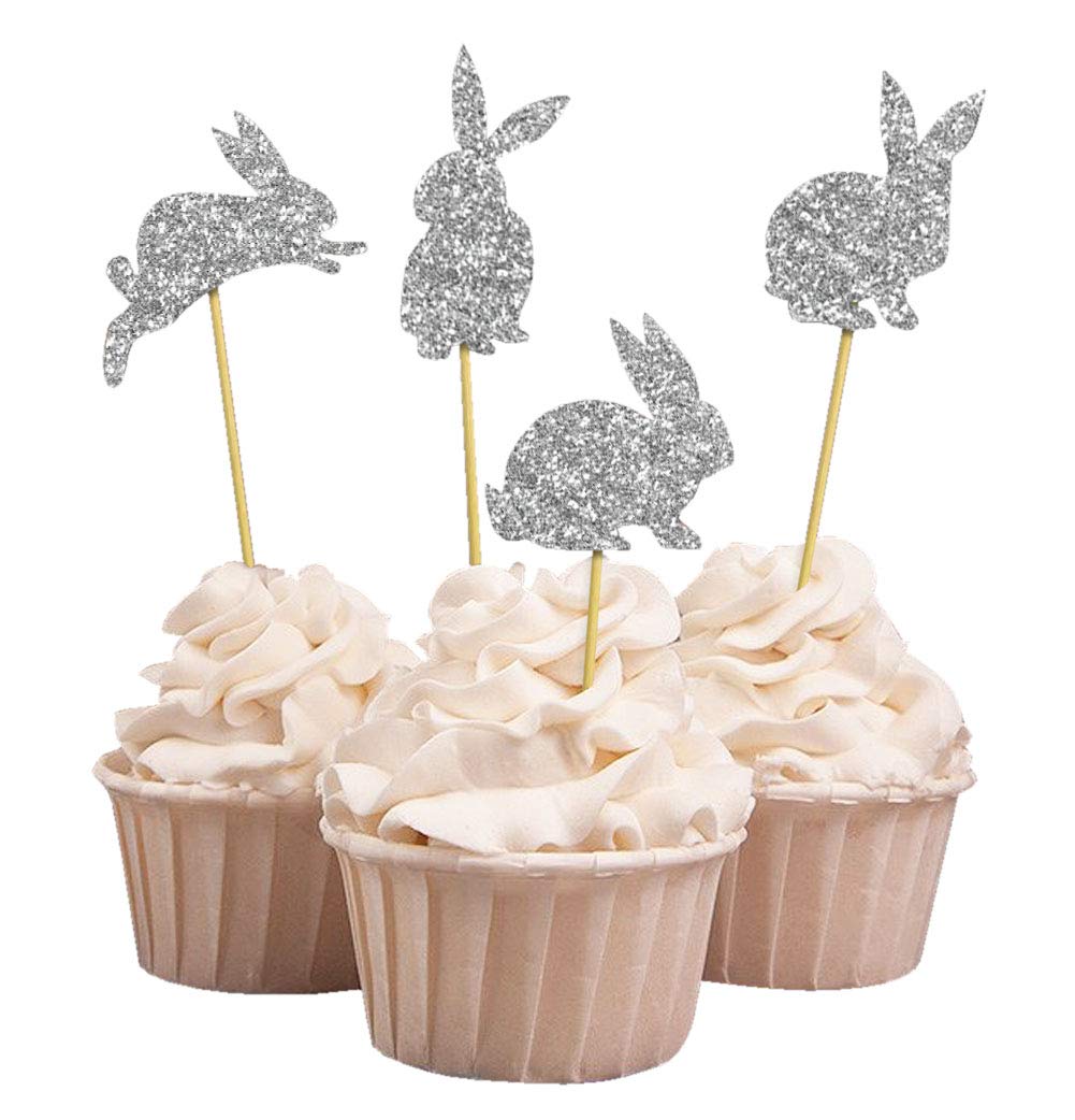 Glitter Silver Easter Bunny Rabbit Cupcake Toppers - 40pcs Dessert Decorations for Easter Party, Baby Shower, Birthday Cakes & Holiday Baking