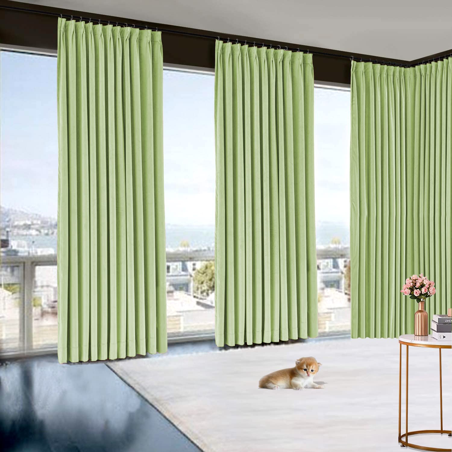 White House Linen 100% Polyester Blackout Pinch Pleat Curtains - Light Green Window Drapes 26x84 Inches (1 Panel) for Bedroom, Living Room & Office - Thermal Insulated Room Darkening Twill Fabric with Ring Top