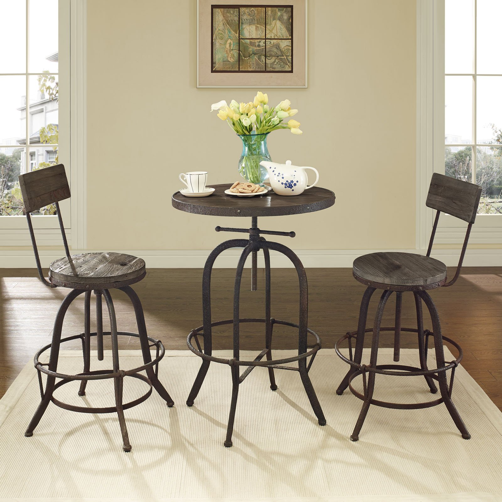 Modway Procure Rustic Farmhouse Adjustable Height Bar Stools - Solid Pine Wood & Cast Iron Construction, Brown - Perfect for Kitchen Islands, Breakfast Nooks & Home Bars