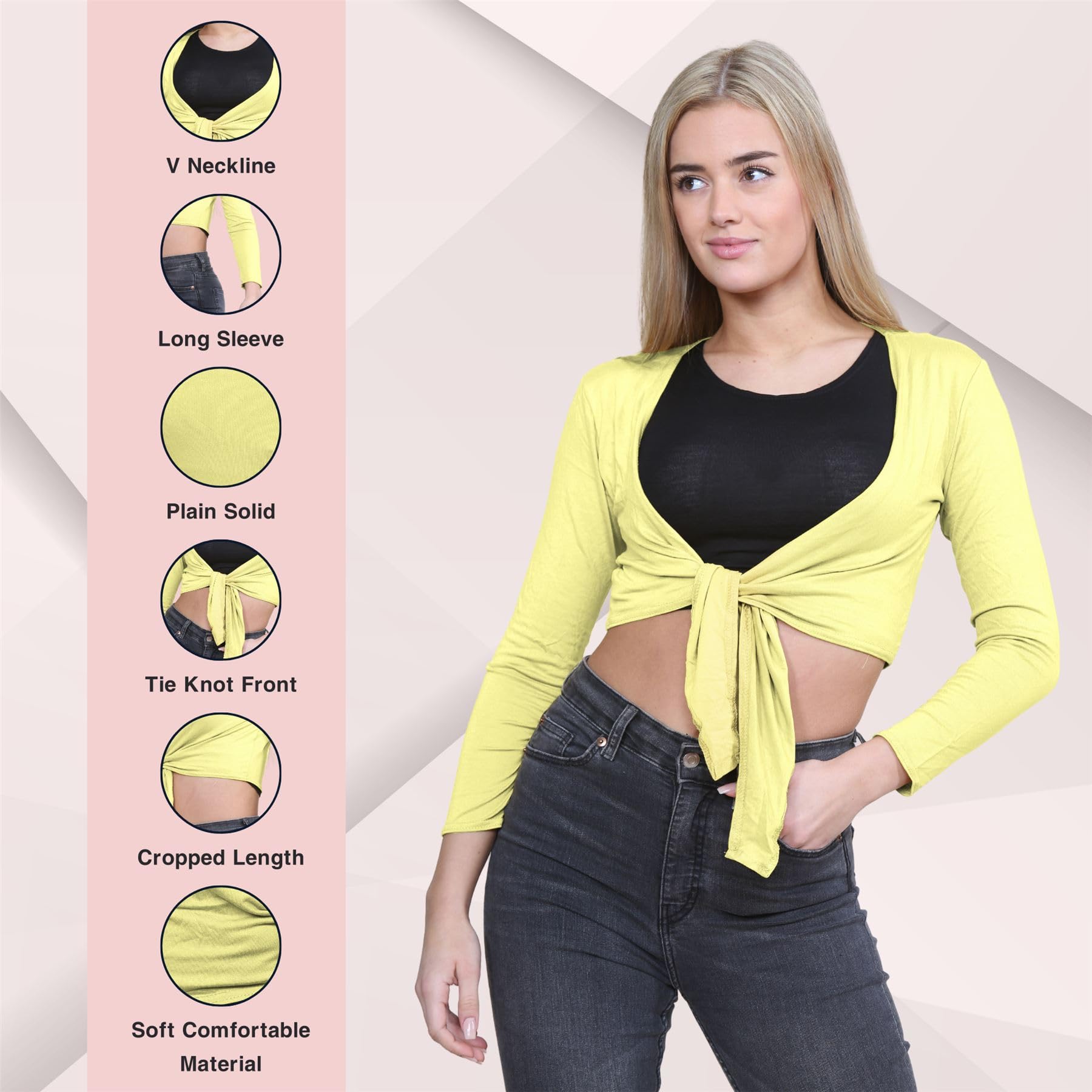 Janisramone Women's Long Sleeve Cropped Cardigan with Front Tie - Stylish Bolero Shrug for Dresses | Perfect for Office, Date Night & Special Occasions