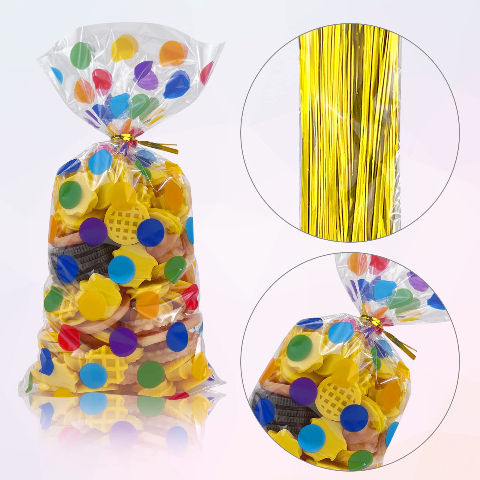 100Pcs Rainbow Cellophane Bags with Gold Twist Ties - Colorful Baby Shower Candy Bags, Birthday Party Favor Bags, Buffalo Polka Dot Striped Treat Bags for Kids, Wedding, Christmas & Holiday Gift Wrapping Supplies