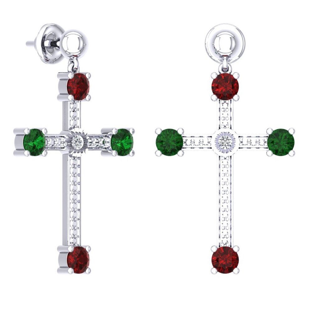 Dazzlingrock Sterling Silver Ruby, Emerald & Diamond Cross Dangle Earrings for Women | Elegant Jewelry Gift for Brides, Christmas & Special Occasions