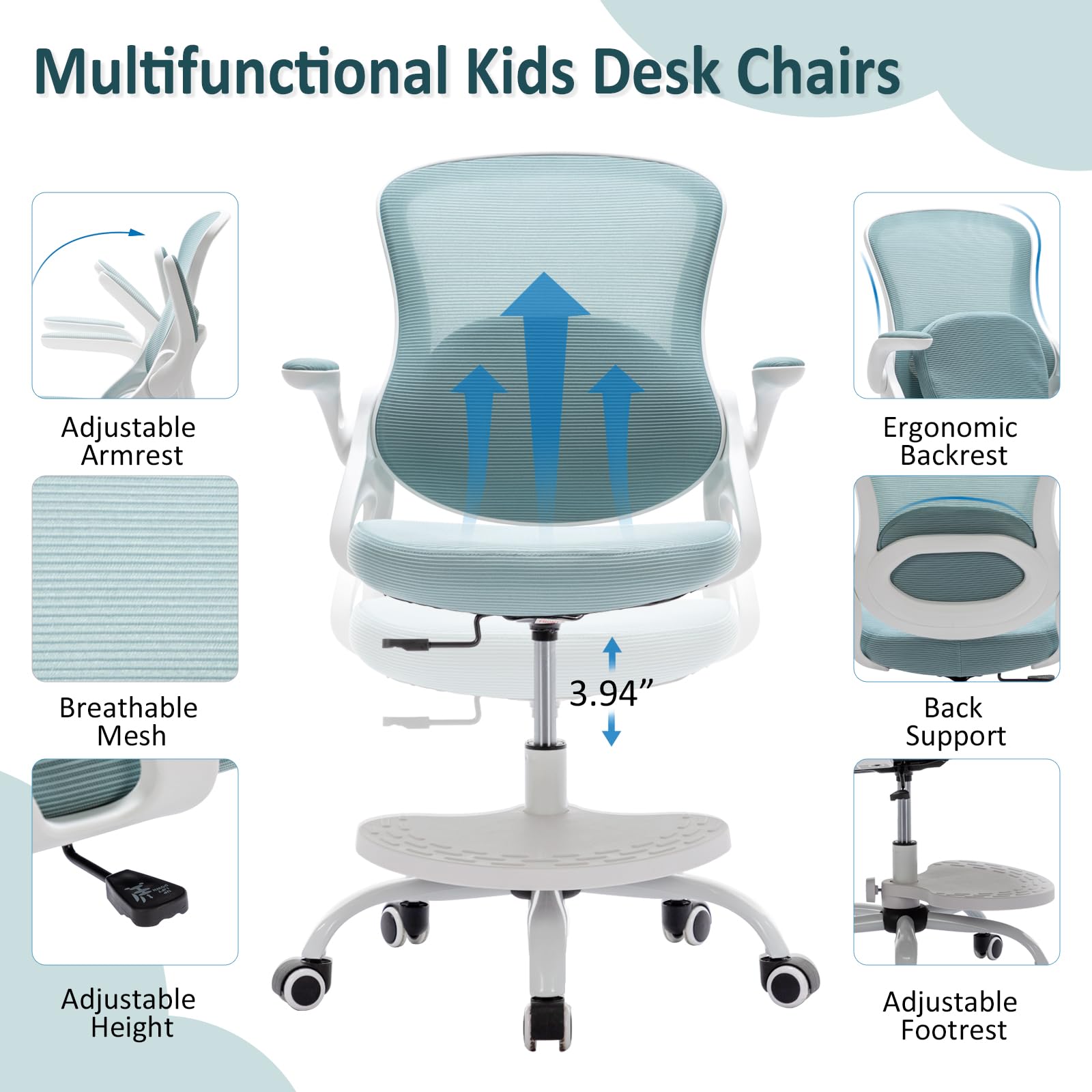 Ergonomic Adjustable Height Kids Study Chair with Swivel & Wheels - Blue Mesh Desk Chair for Children's Bedroom & Home Office - Perfect for Homework, Online Learning & Gaming