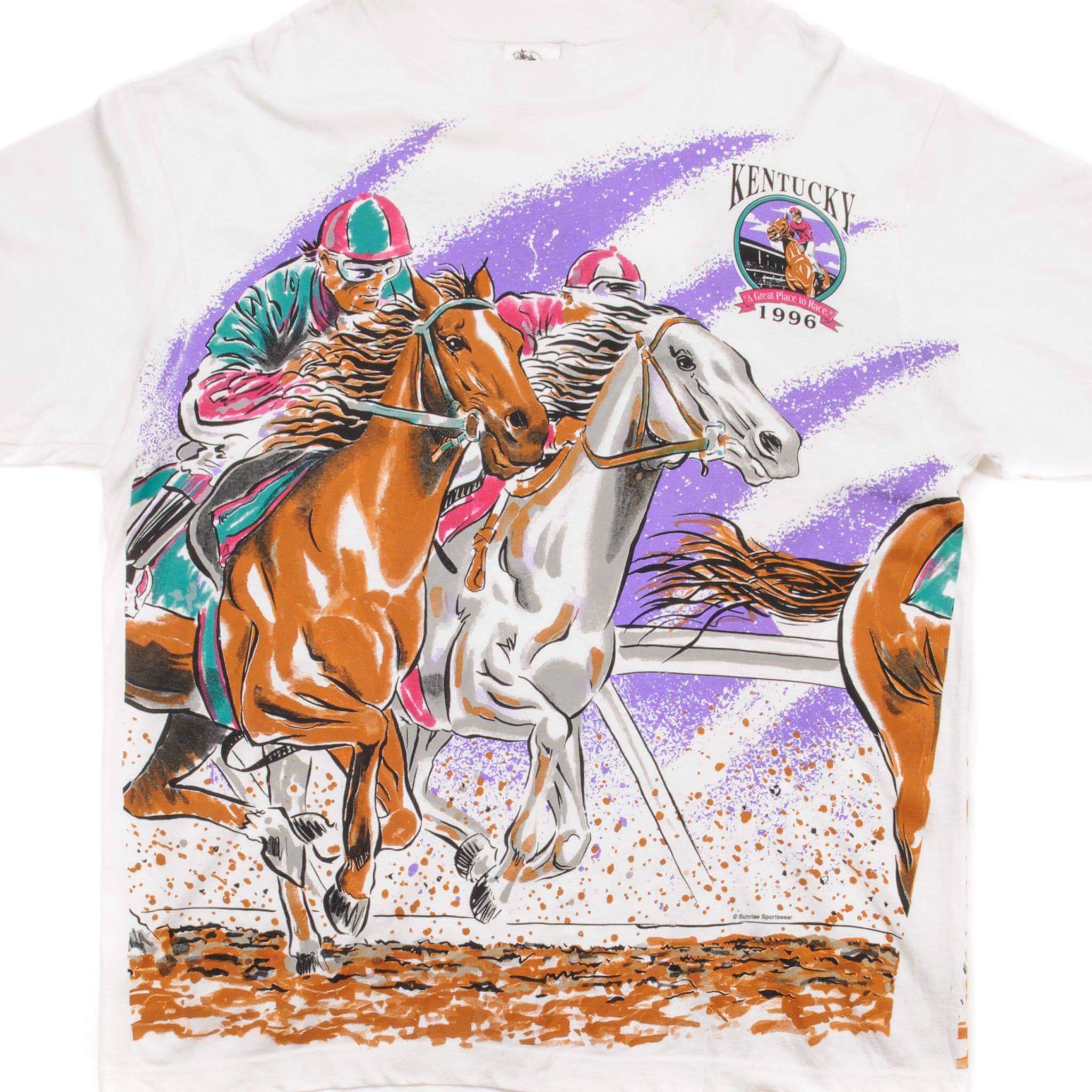 Vintage 1996 Kentucky Derby All Over Print T-Shirt - Size Large - Retro Horse Racing Tee for Men & Women - Perfect for Derby Parties, Races & Casual Wear