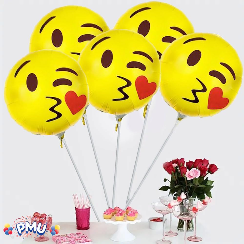 9 Inch PMU Emoji Balloons - Pre-Inflated with Sticks (Smile & Blowing Kiss Design) - 12 Pack - Perfect for Birthday Parties, Baby Showers & Wedding Decorations
