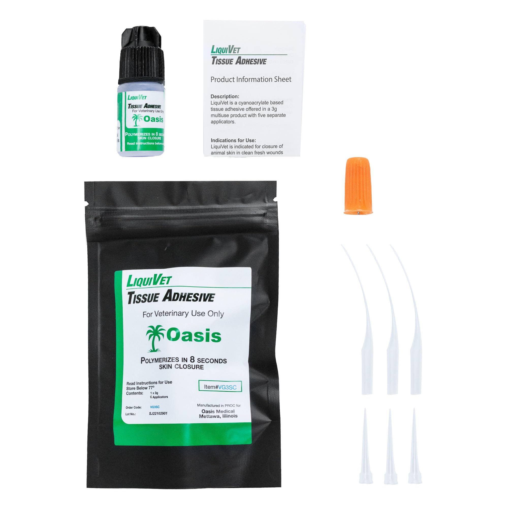Liquivet 8 Second Tissue Adhesive - Fast-Acting Vet Skin Glue for Wound Closure | 3mL Bottle with 6 Applicators | Ideal for Pet First Aid, Surgical Incisions & Emergency Wound Care