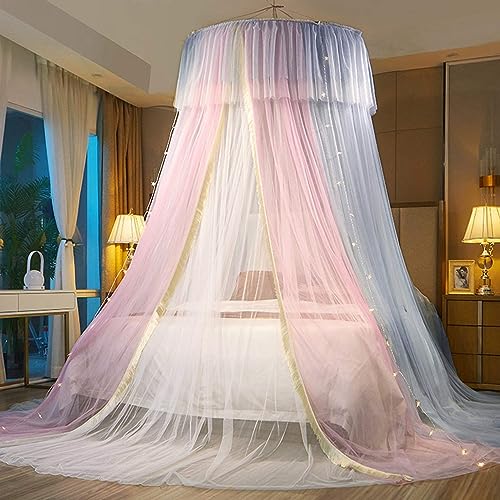 Elegant Pink Mosquito Net Bed Canopy with Built-in Lights - Double Layer Round Dome Princess Bed Netting for Bedroom Decor | Perfect for Girls' Rooms, Nursery Decor & Romantic Bedroom Settings