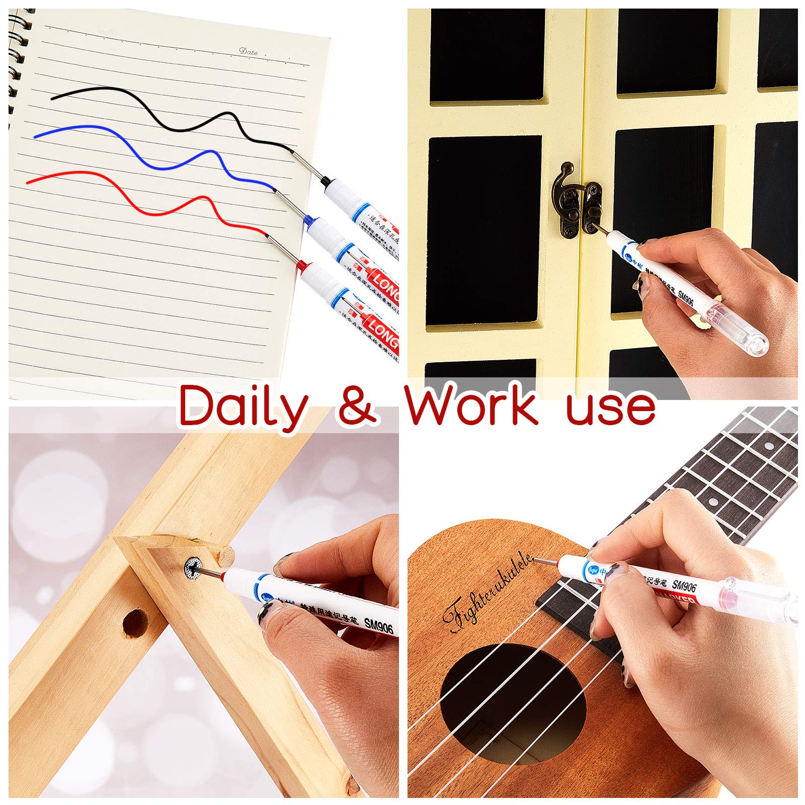 Zonon Multi-Purpose Deep Hole Marker Pens - Waterproof, Long Nib for Woodworking, Carpentry & Machining - Red, Black, Blue (3-Pack) - Perfect for Marking Drill Holes, Hardware & Precision Measurements